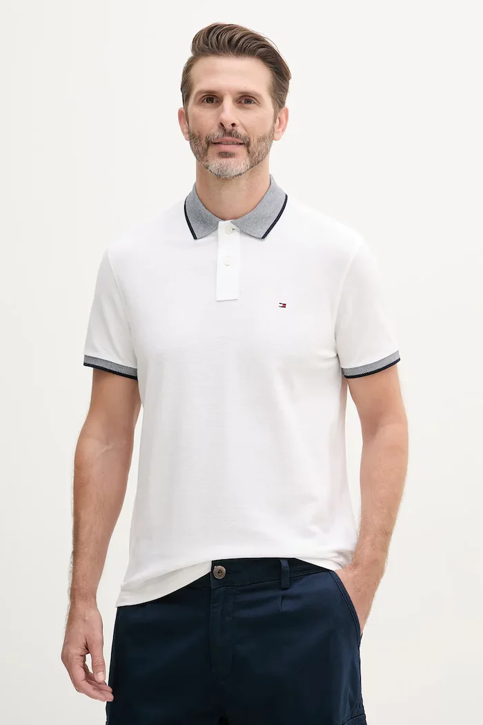 Tommy Hilfiger тениска с яка мъжка с добавен лен бяла MW0MW33140