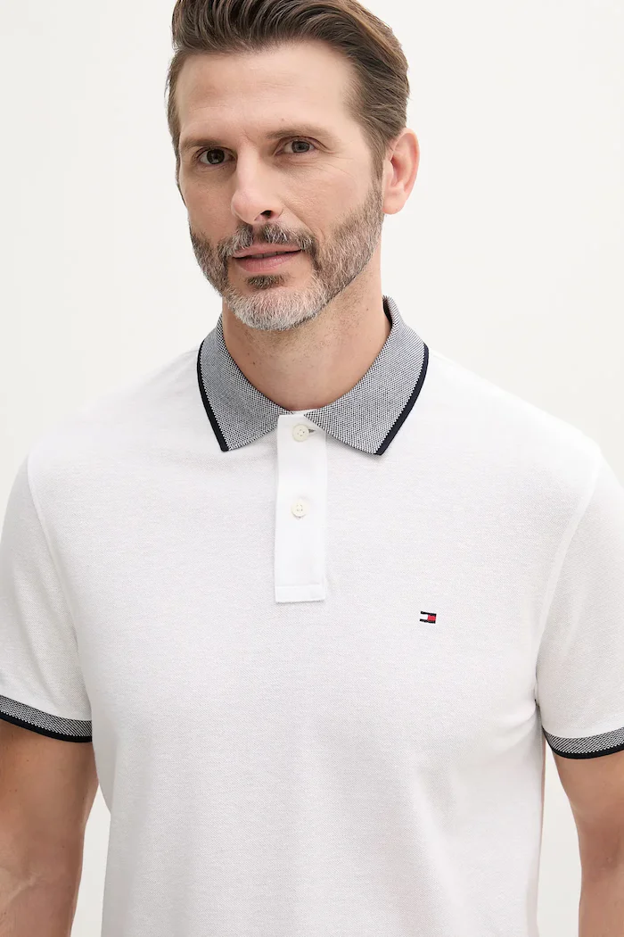 Tommy Hilfiger тениска с яка мъжка с добавен лен бяла MW0MW33140
