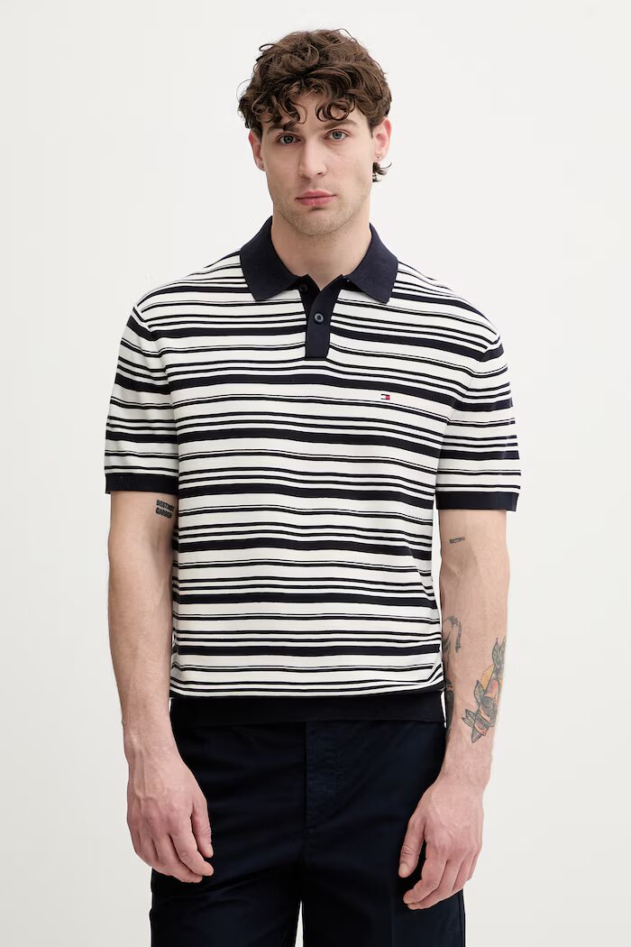Tommy Hilfiger тениска тип пулове с яка мъжка от памук тъмносиня MW0MW42795