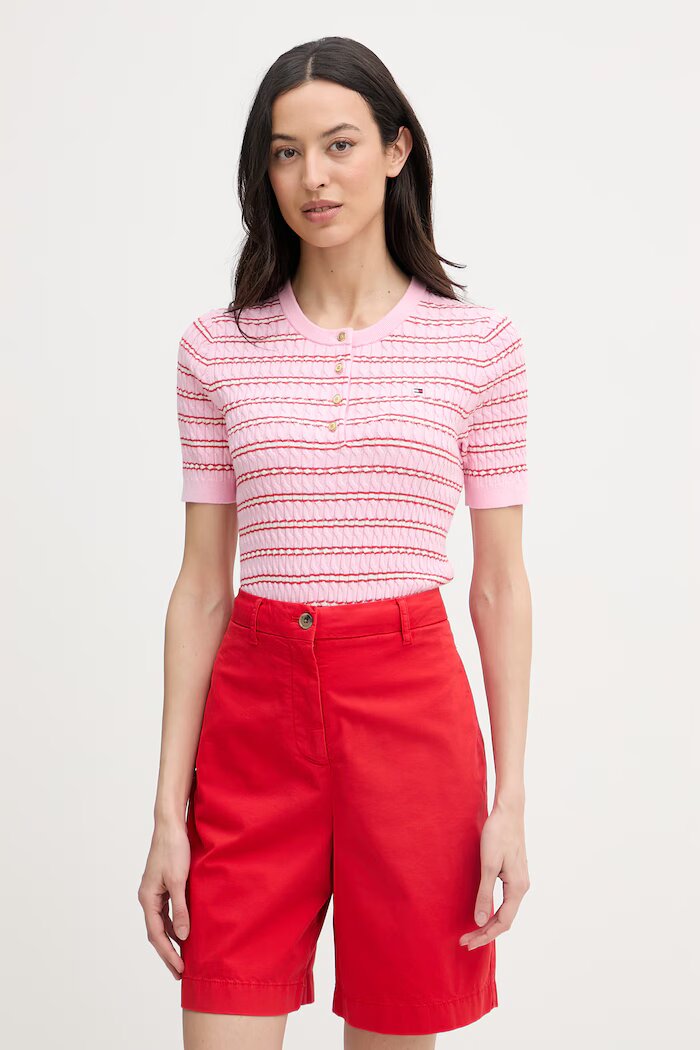 Tommy Hilfiger тениска тип пуловер дамска от памук розова WW0WW49613