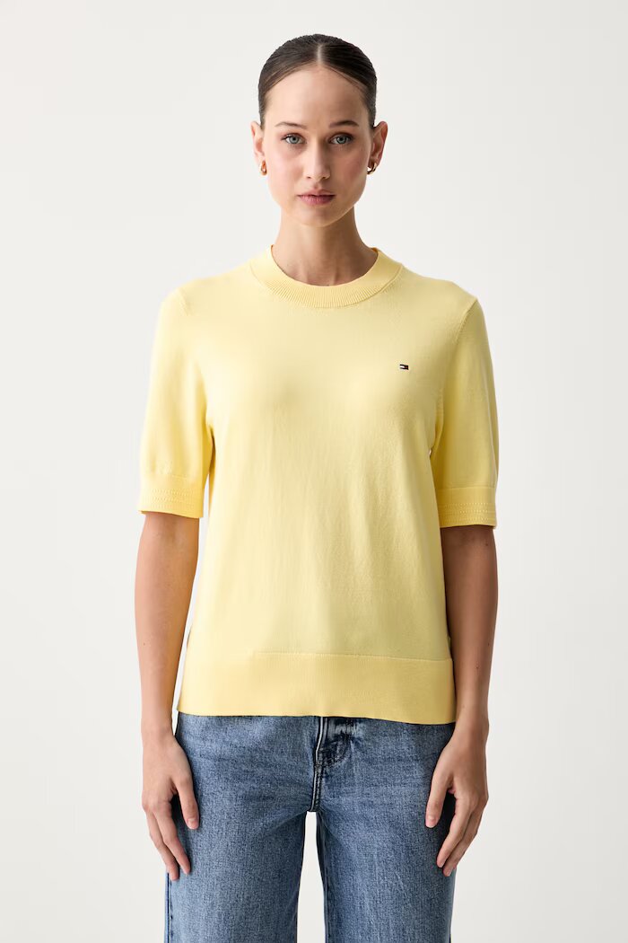 Tommy Hilfiger тениска тип пуловер дамска с памук жълта WW0WW49705