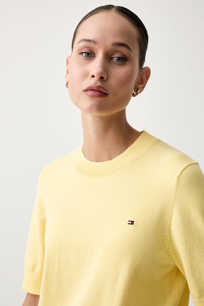 Tommy Hilfiger тениска тип пуловер дамска с памук жълта WW0WW49705