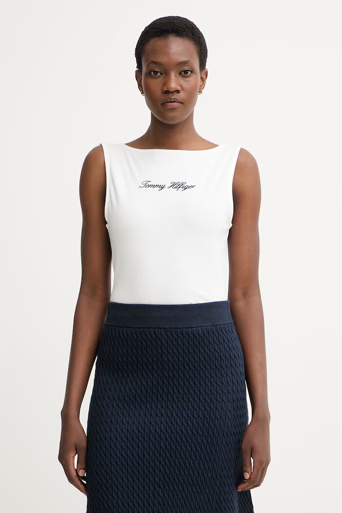 Tommy Hilfiger топ дамски от памук с еластан бял WW0WW50947