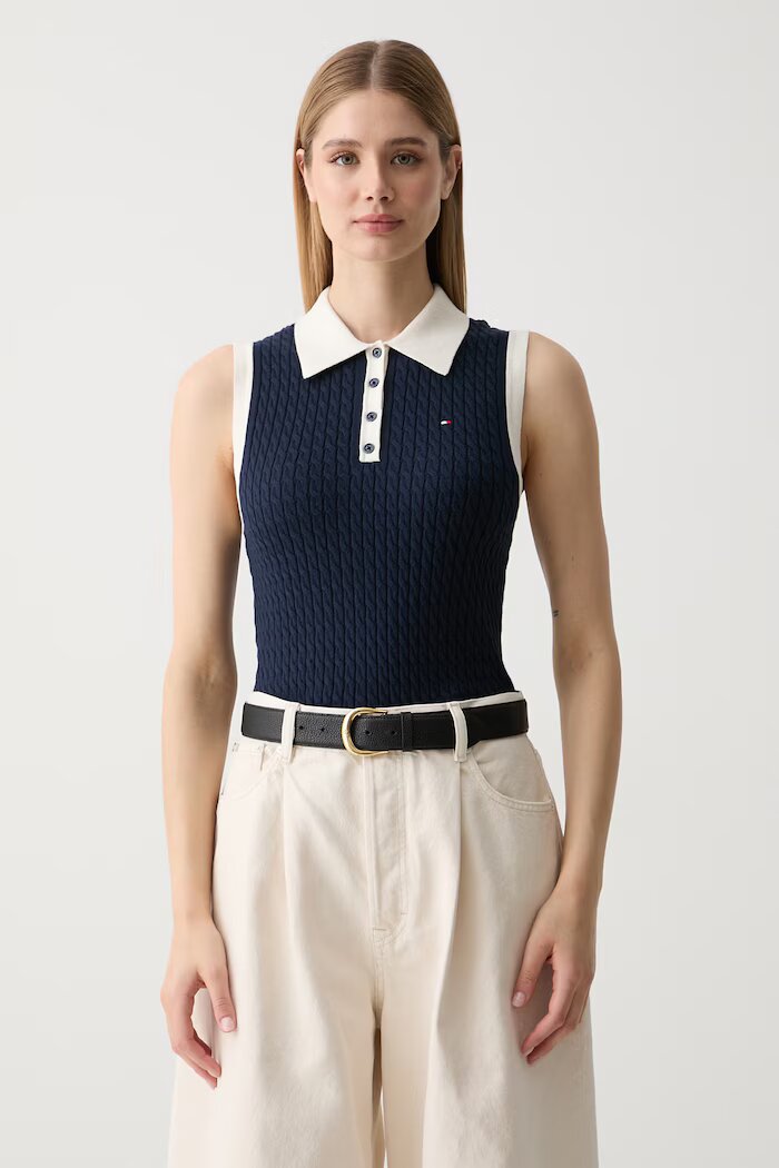 Tommy Hilfiger топ тип пуловер дамски от памук тъмносин WW0WW50102