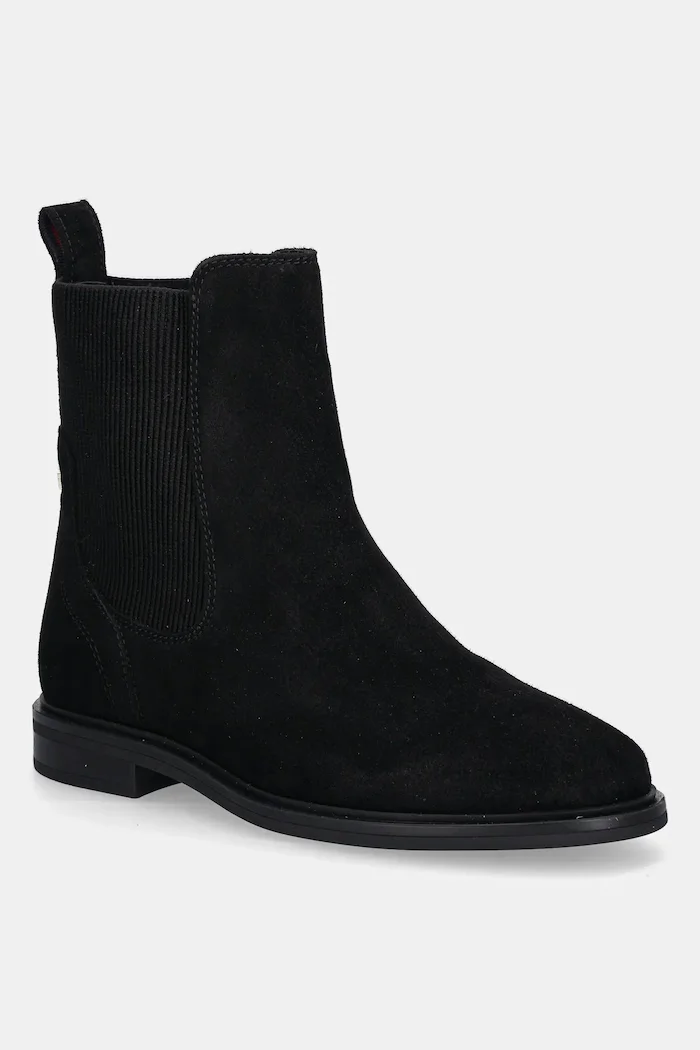 Tommy Hilfiger Велурени боти челси FLAG SUEDE CHELSEA BOOT в черно с равна подметка FW0FW08780
