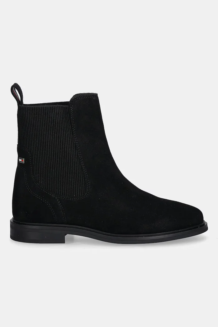 Tommy Hilfiger Велурени боти челси FLAG SUEDE CHELSEA BOOT в черно с равна подметка FW0FW08780