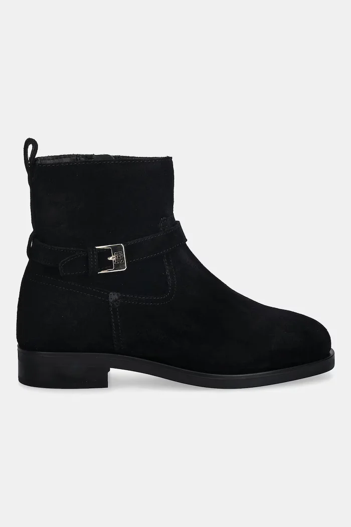 Tommy Hilfiger Велурени боти TH BUCKLE RIDING SUEDE BOOTIE в черно с равна подметка FW0FW09047