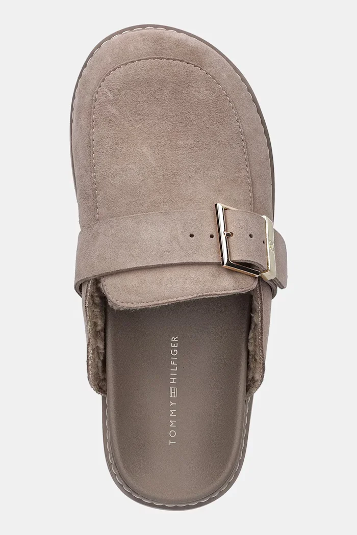 Tommy Hilfiger Велурени чехли TH BUCKLE FUR SUEDE MULE в бежово FW0FW09083