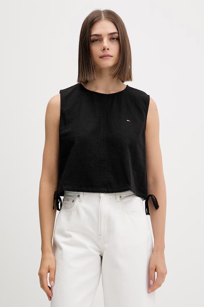 Tommy Jeans блуза дамска с лен черна с изчистена шарка DW0DW22779