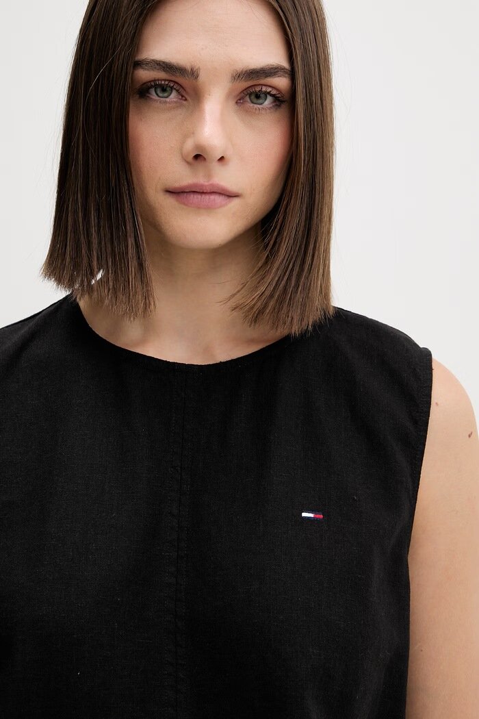 Tommy Jeans блуза дамска с лен черна с изчистена шарка DW0DW22779