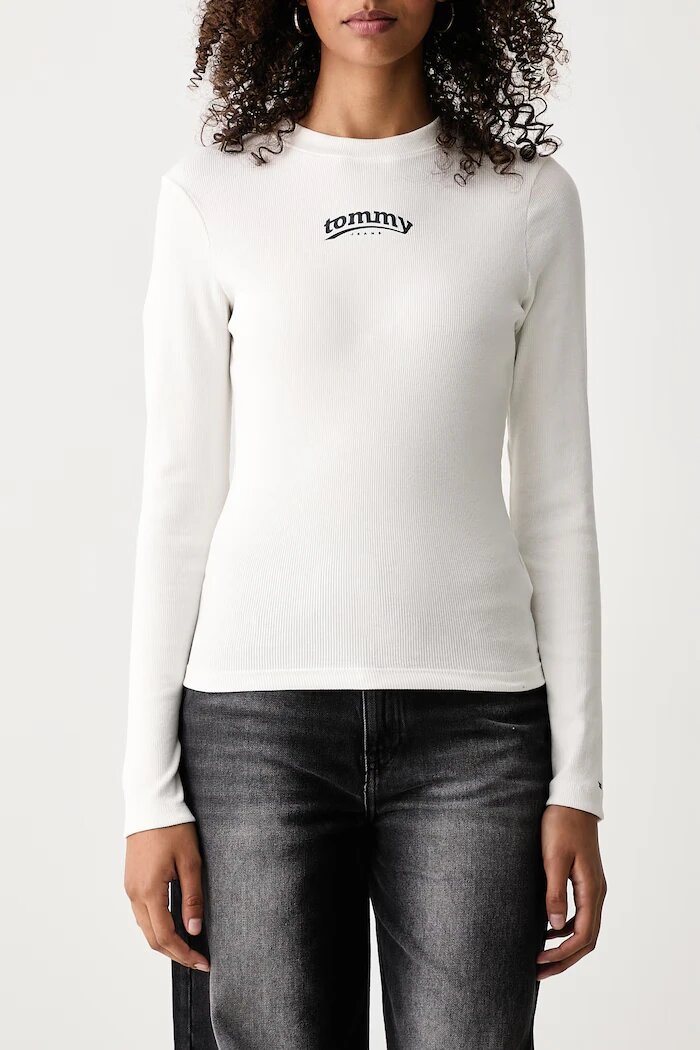 Tommy Jeans блуза с дълги ръкави дамска от памук с еластан бяла DW0DW23254