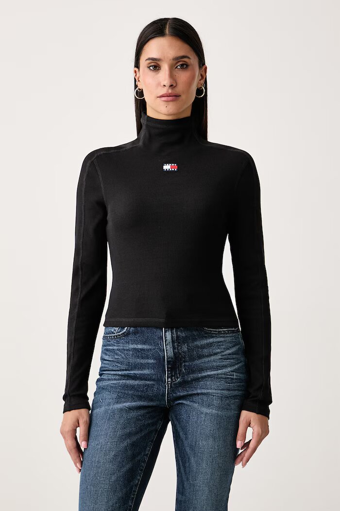 Tommy Jeans блуза с дълги ръкави дамска от памук с еластан черна DW0DW23251