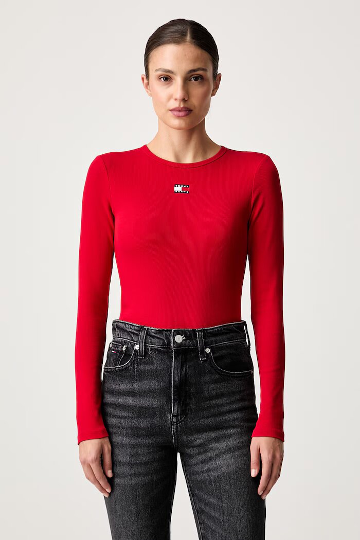Tommy Jeans блуза с дълги ръкави дамска от памук с еластан червена DW0DW20178