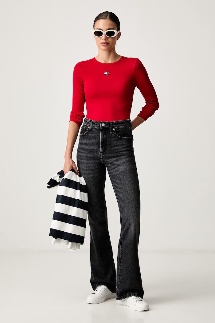 Tommy Jeans блуза с дълги ръкави дамска от памук с еластан червена DW0DW20178