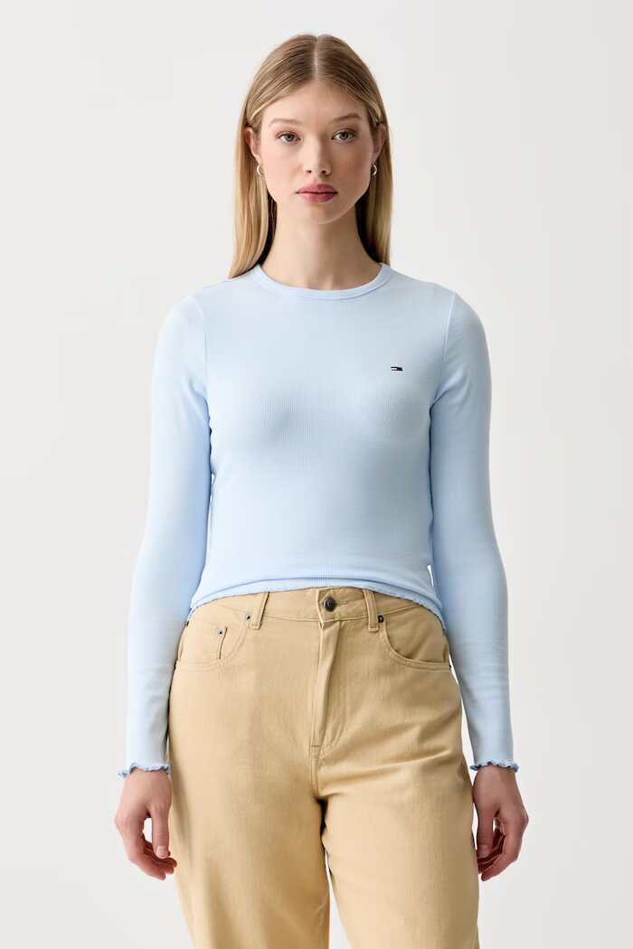 Tommy Jeans блуза с дълги ръкави дамска от памук с еластан синя DW0DW22783