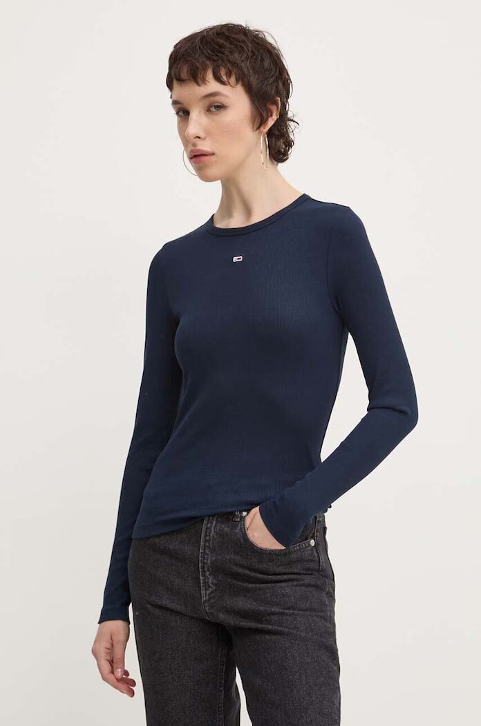 Tommy Jeans блуза с дълги ръкави дамска от памук с еластан тъмносиня DW0DW17387
