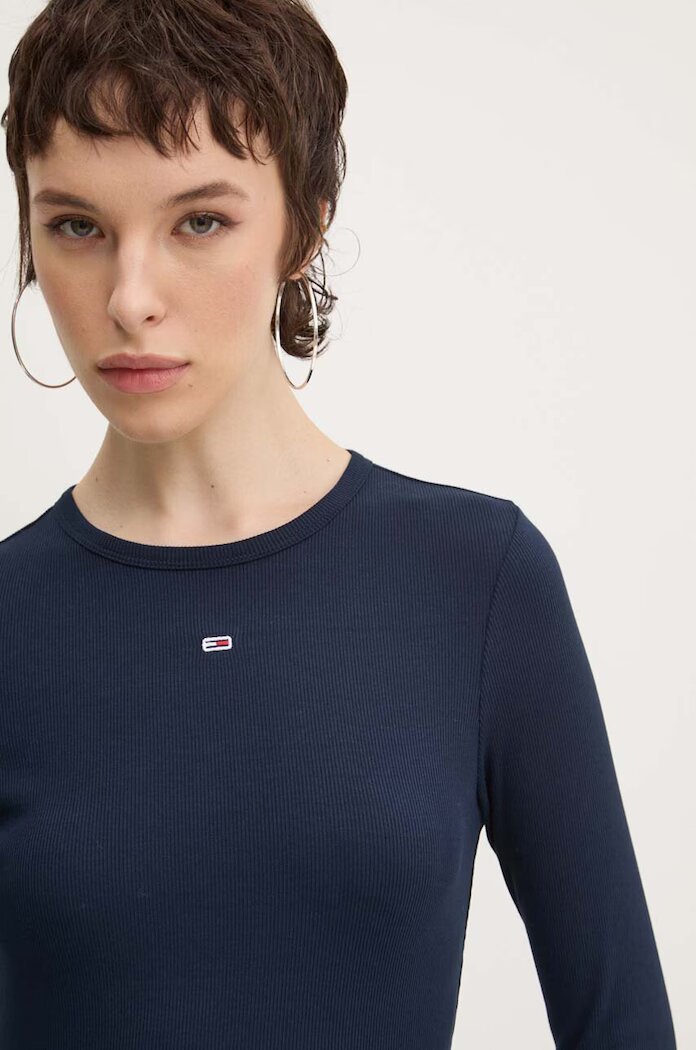 Tommy Jeans блуза с дълги ръкави дамска от памук с еластан тъмносиня DW0DW17387