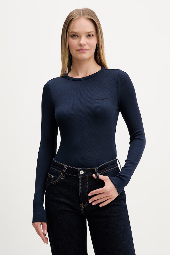 Tommy Jeans блуза с дълги ръкави дамска от памук с еластан тъмносиня DW0DW22783