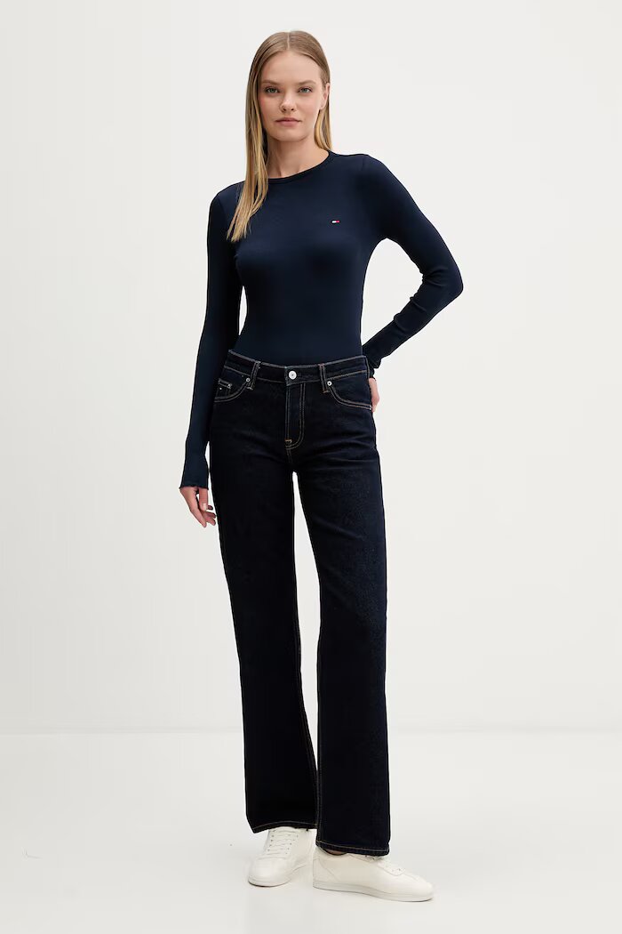 Tommy Jeans блуза с дълги ръкави дамска от памук с еластан тъмносиня DW0DW22783