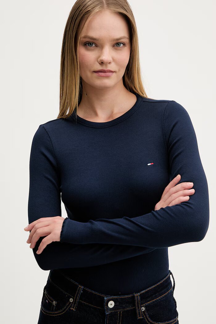 Tommy Jeans блуза с дълги ръкави дамска от памук с еластан тъмносиня DW0DW22783