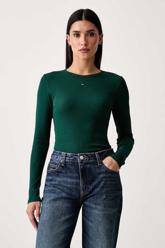 Tommy Jeans блуза с дълги ръкави дамска от памук с еластан зелена DW0DW17387