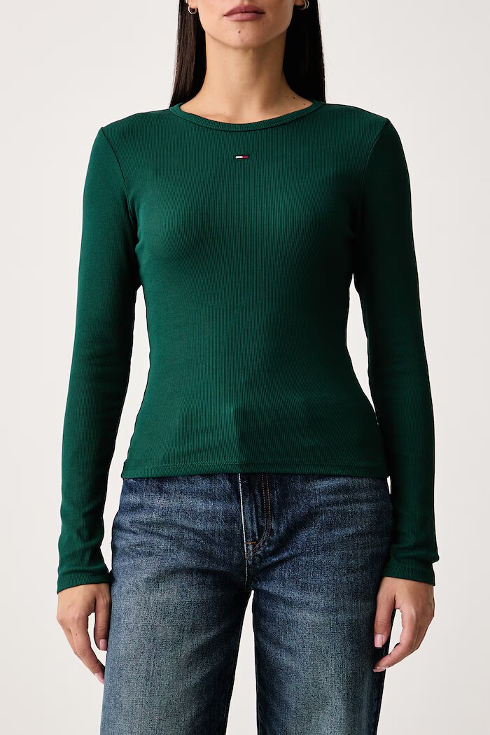 Tommy Jeans блуза с дълги ръкави дамска от памук с еластан зелена DW0DW17387