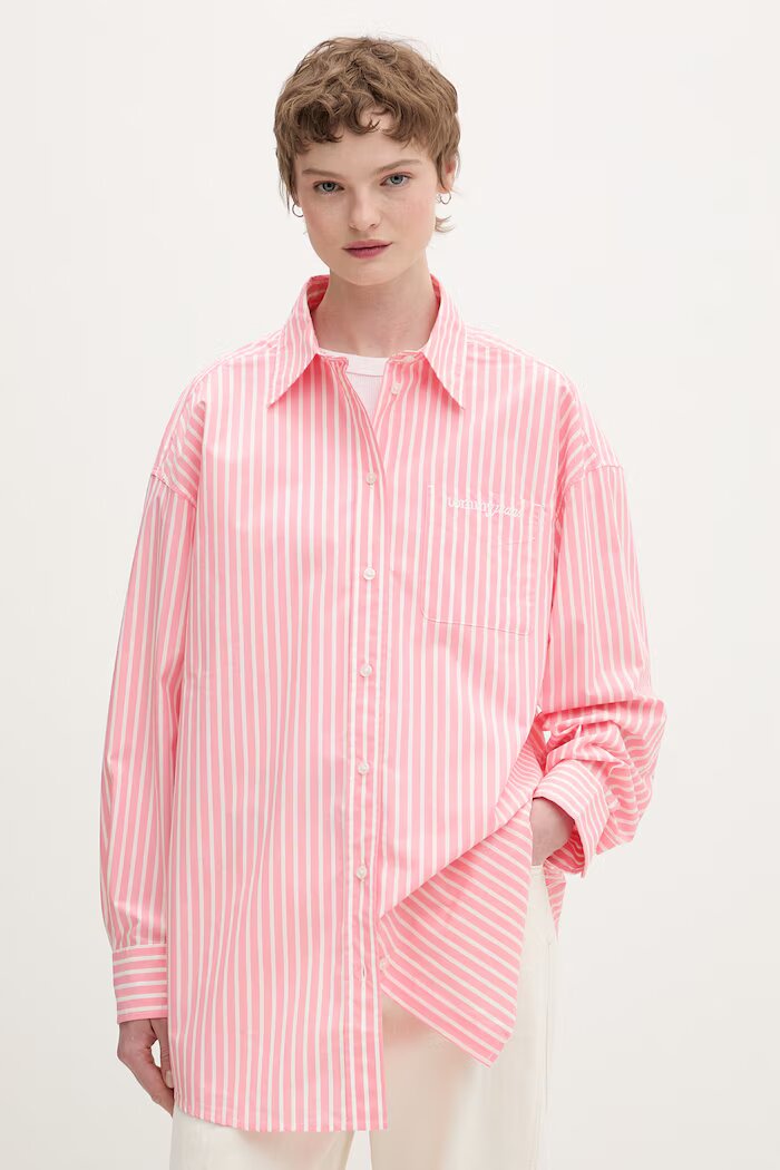 Tommy Jeans Блуза тип риза дамска памучна Розова на райе DW0DW22218