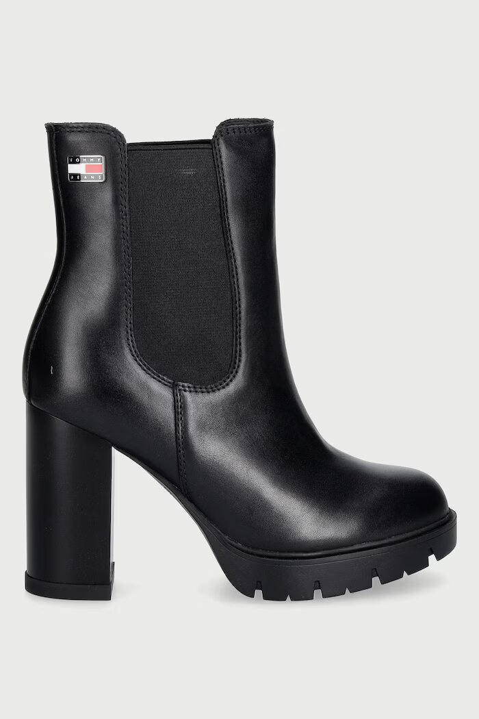 Tommy Jeans боти дамски от кожа TJW CHELSEA HIGH HEEL BOOTS черни EN0EN03112
