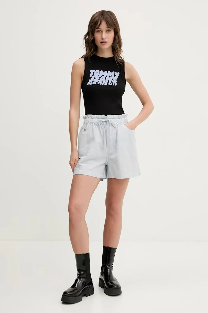 Tommy Jeans Къс панталон с лен в синьо с десен с висока талия DW0DW20360