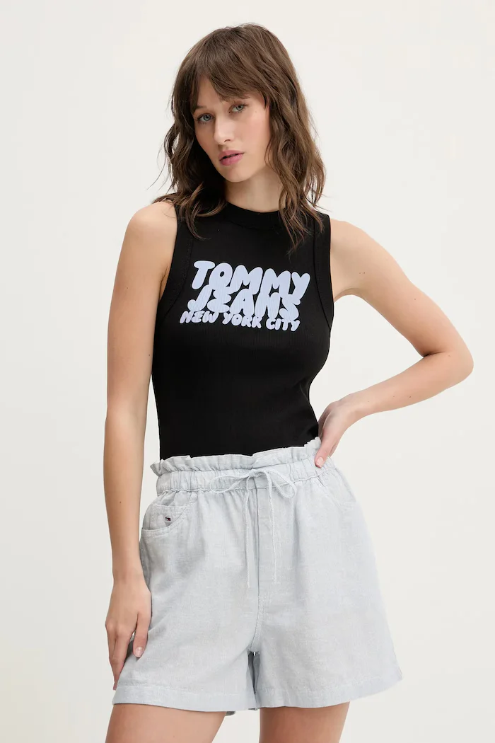 Tommy Jeans Къс панталон с лен в синьо с десен с висока талия DW0DW20360