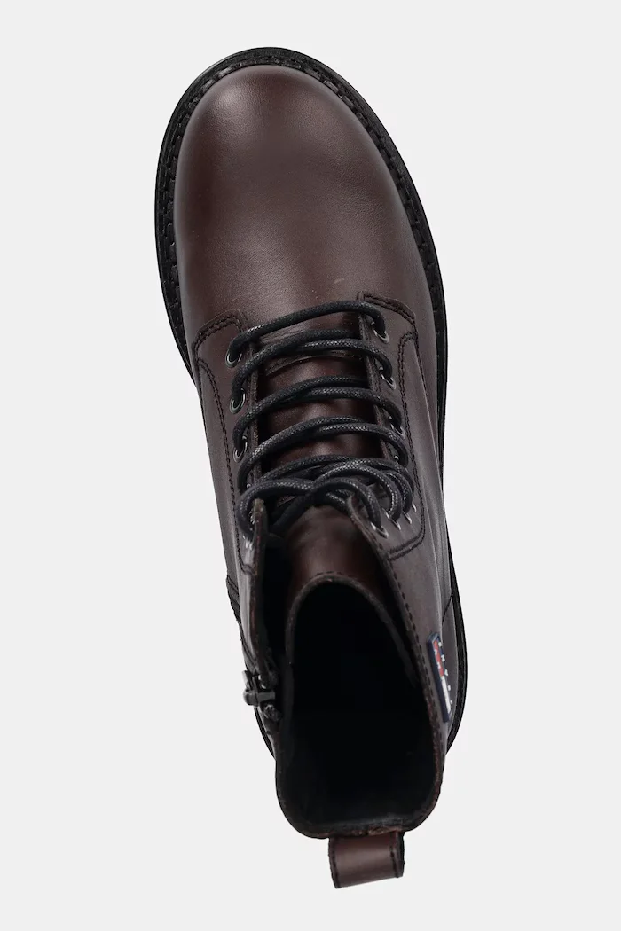Tommy Jeans Кожени кубинки TJW URBAN LACE UP BOOT в кафяво с равна подметка EN0EN02907
