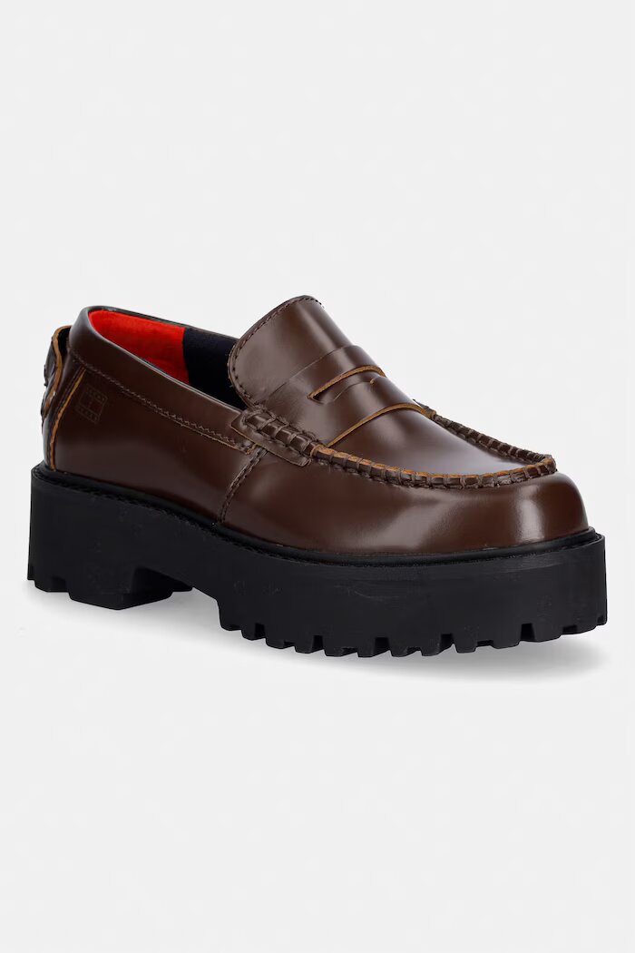 Tommy Jeans мокасини дамски кожени ARCHIVE '01 LEATHER LOAFER кафяви EN0EN03022