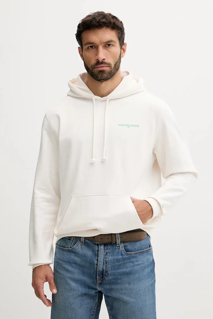 Tommy Jeans Памучен суичър мъжки в бежово с качулка с принт DM0DM22112