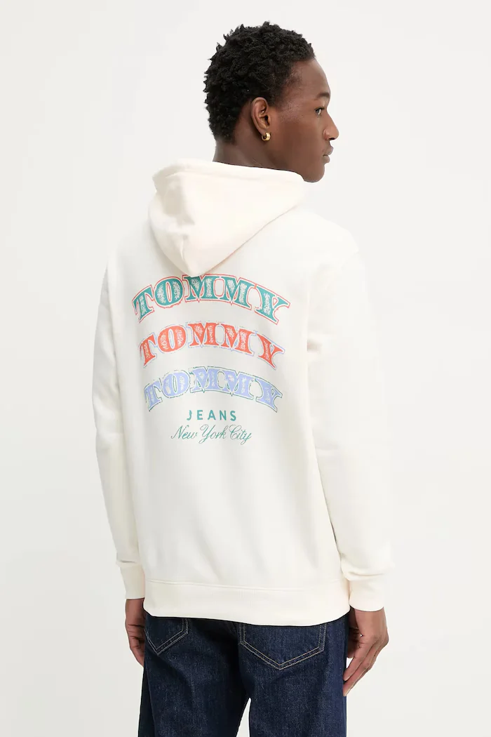 Tommy Jeans Памучен суичър мъжки в бежово с качулка с принт DM0DM22365
