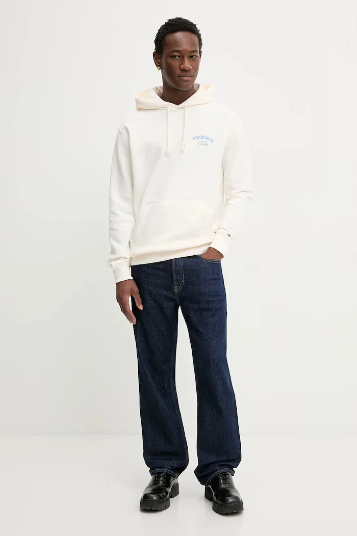 Tommy Jeans Памучен суичър мъжки в бежово с качулка с принт DM0DM22365