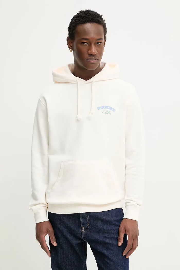 Tommy Jeans Памучен суичър мъжки в бежово с качулка с принт DM0DM22365