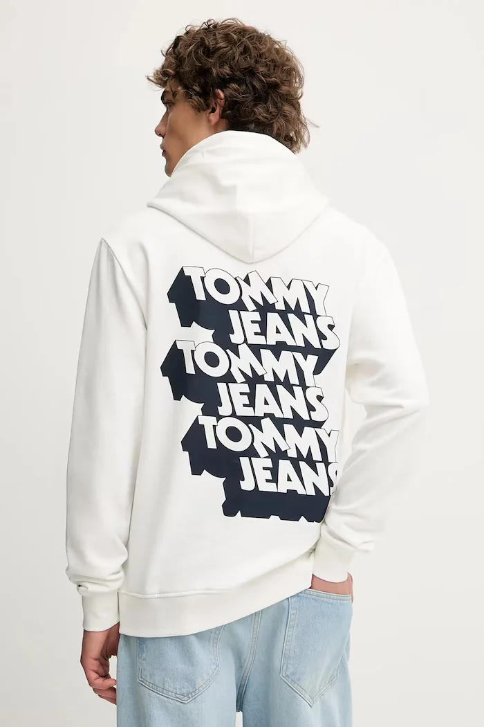 Tommy Jeans Памучен суичър мъжки в бяло с качулка с принт DM0DM21625