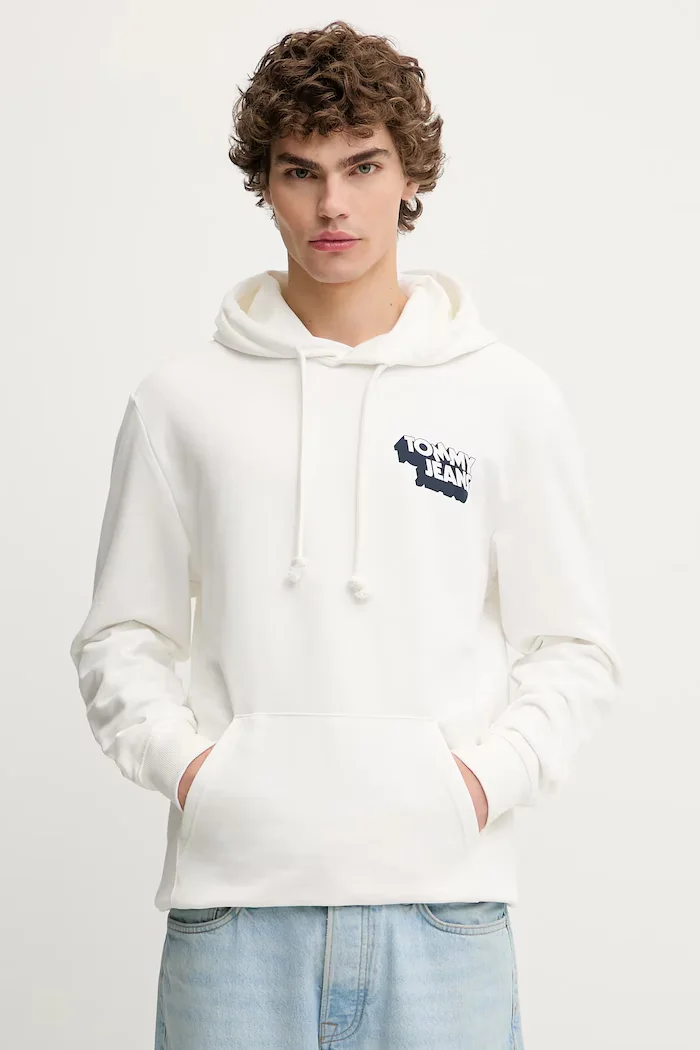 Tommy Jeans Памучен суичър мъжки в бяло с качулка с принт DM0DM21625