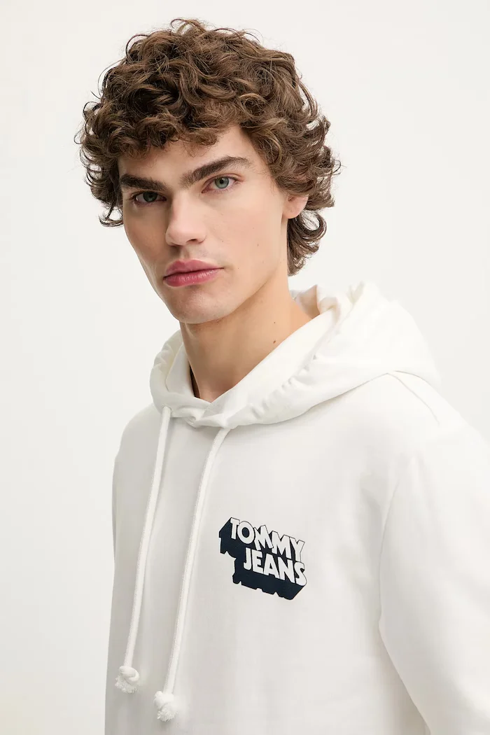 Tommy Jeans Памучен суичър мъжки в бяло с качулка с принт DM0DM21625