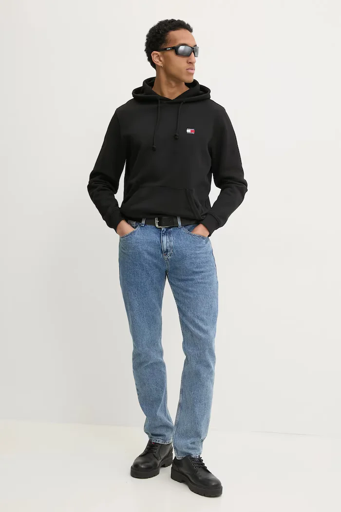 Tommy Jeans Памучен суичър мъжки в черно с качулка с изчистен дизайн DM0DM20258