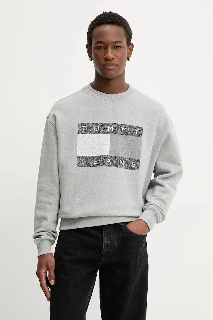 Tommy Jeans Памучен суичър мъжки в сиво с принт DM0DM22384