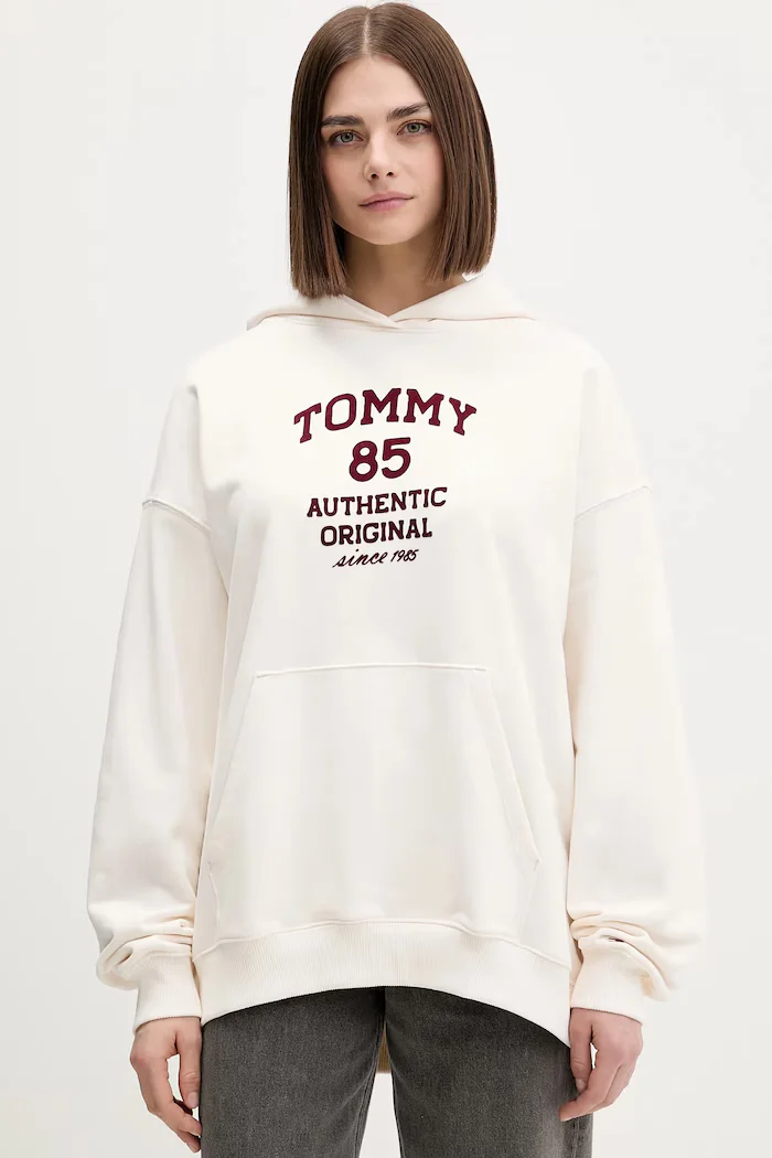Tommy Jeans Памучен суичър в бежово с качулка с принт DW0DW22603
