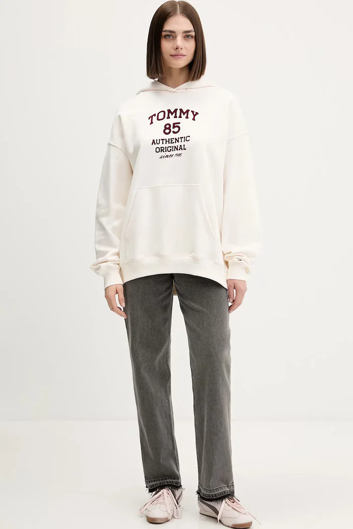 Tommy Jeans Памучен суичър в бежово с качулка с принт DW0DW22603