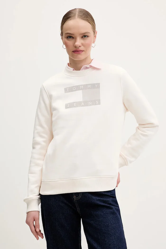 Tommy Jeans Памучен суичър в бежово с принт DW0DW22564