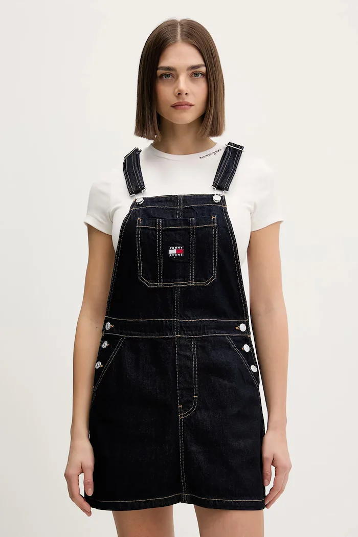 Tommy Jeans Памучна рокля в тъмносиньо къса със стандартна кройка DW0DW22555