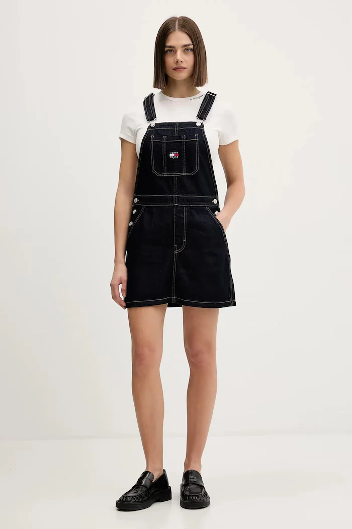 Tommy Jeans Памучна рокля в тъмносиньо къса със стандартна кройка DW0DW22555