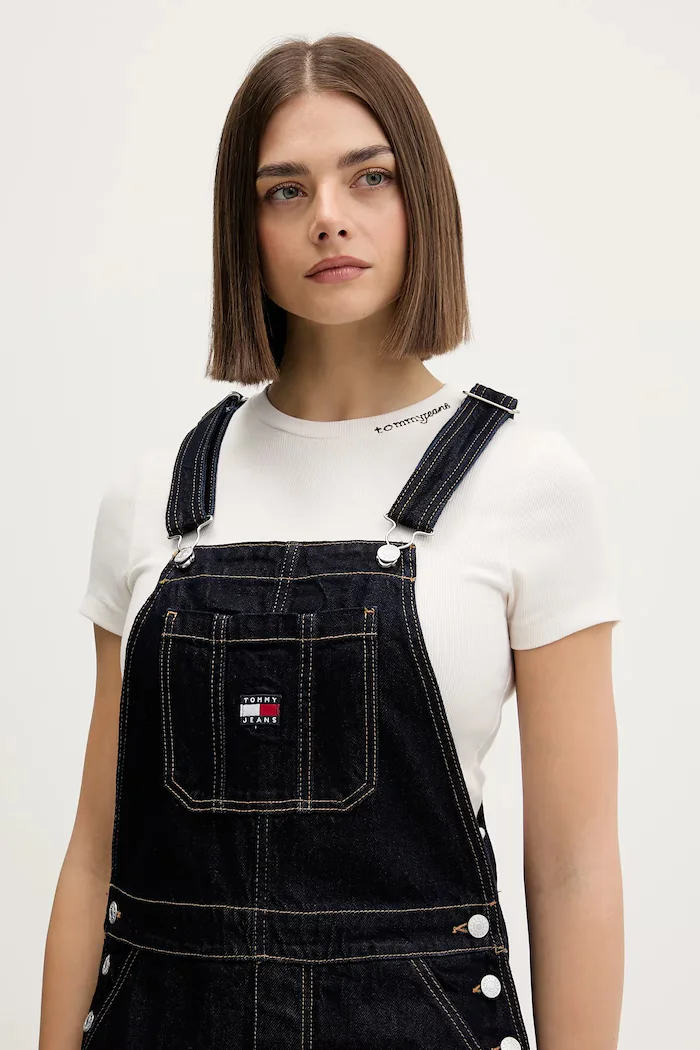 Tommy Jeans Памучна рокля в тъмносиньо къса със стандартна кройка DW0DW22555