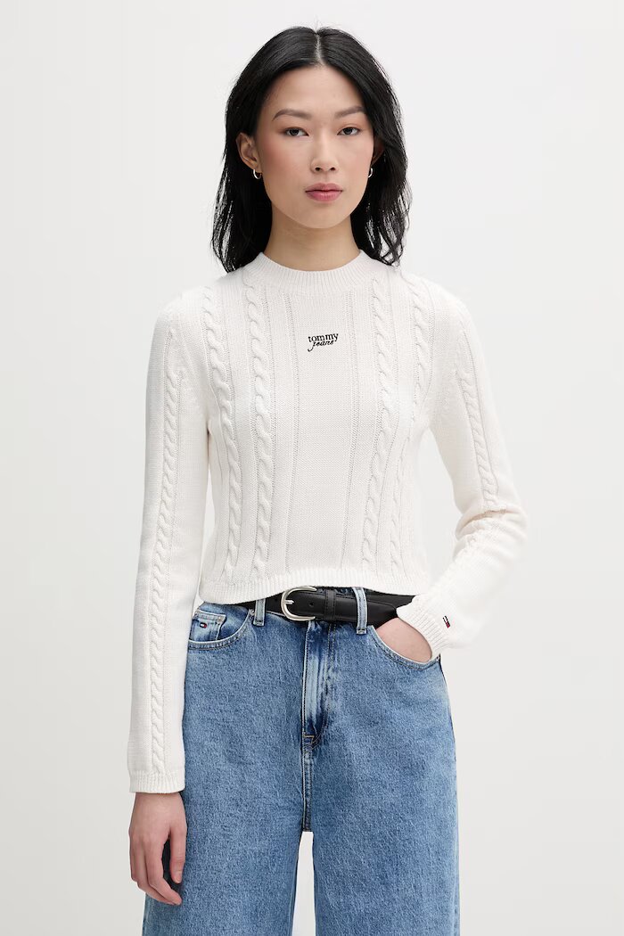 Tommy Jeans пуловер дамски от памук бежов DW0DW22301