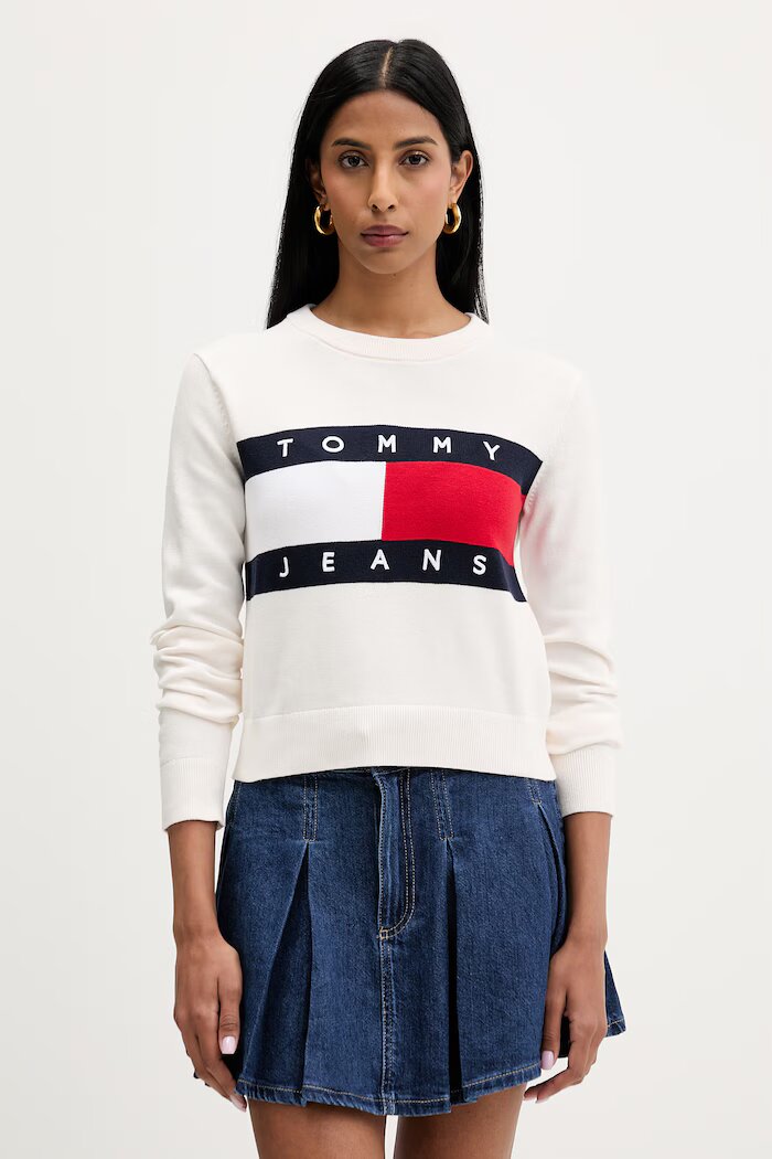 Tommy Jeans пуловер дамски от памук бежов DW0DW22930