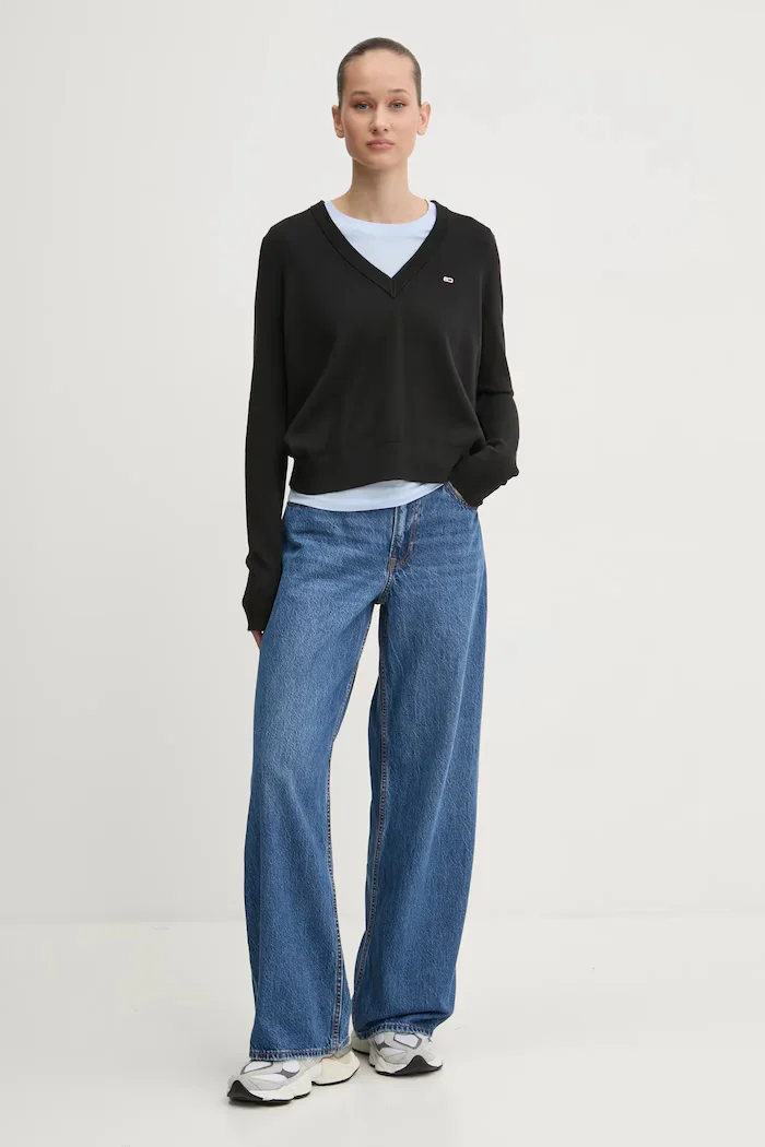 Tommy Jeans пуловер дамски от памук черен DW0DW19888